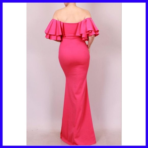 NWT Ruffled Off Shoulder Mermaid Maxi Dress Green - Picture 4 of 6